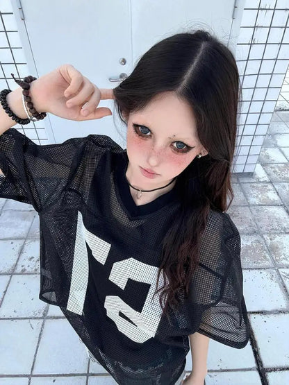 Cathy Dollette Black Graphic T Shirts Short Sleeve Hollow Out 2000s Clothes  Loose 's  Summer TopGoth Tees Gothic Chic