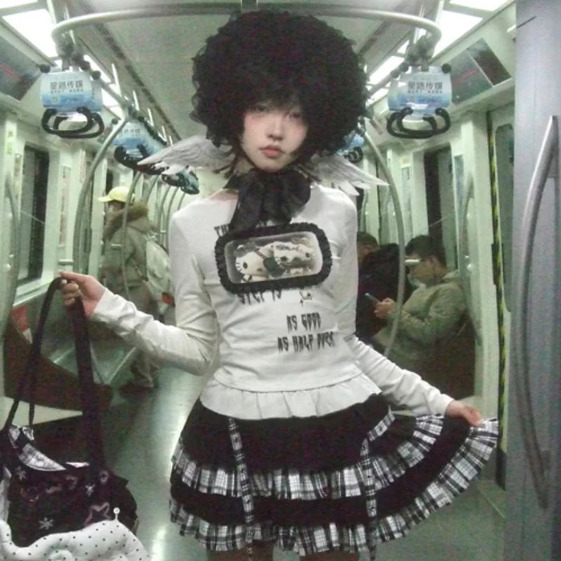 Cathy Dollette Japanese  Anime Print  Trashy 2000s Style Long Sleeve T Shirt Vintage Harajuku Lace Patchwork TopGrunge 90s