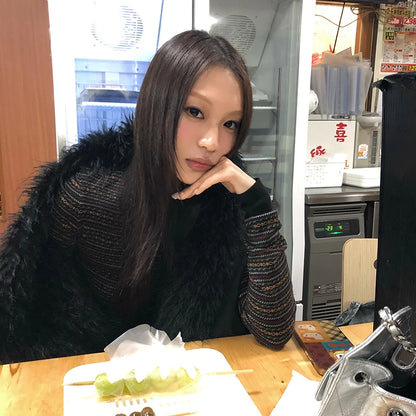 Cathy Dollette Japanese  Jacquard Knitted  Vintage Harajuku Long Sleeve Knit TopKorean 2000s Style Knitwear American Retro