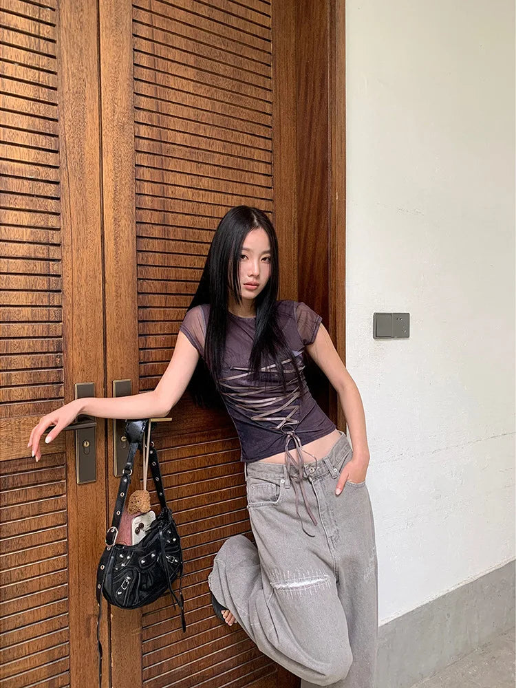 Cathy Dollette Lace Up T Shirt  Slim Streetwear Short Sleeve Korean Fashion 2000s Clothes  Tees Female Clothing Summer Tops