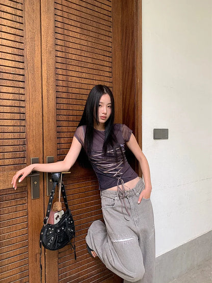 Cathy Dollette Lace Up T Shirt  Slim Streetwear Short Sleeve Korean Fashion 2000s Clothes  Tees Female Clothing Summer Tops