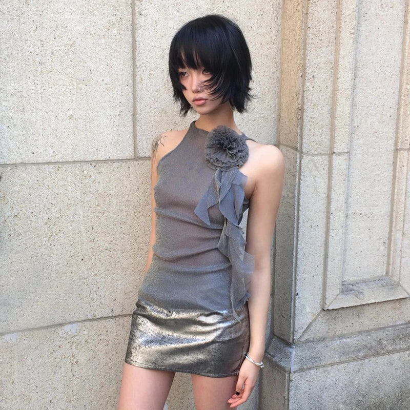 Cathy Dollette Japanese  Mesh Tank Top Trashy 2000s Style Sleeveless TopVintage Harajuku Flower Irregular Tanktop Fairy s