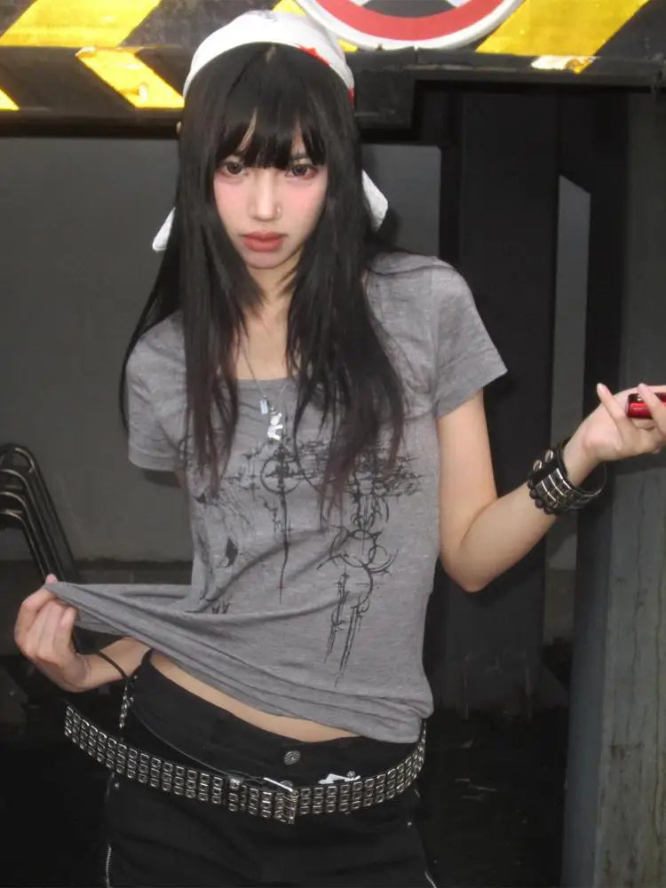 Cathy Dollette Hotsweet Grey Print Graphic T Shirts 2000s Clothes  Short Sleeve Summer Top's  Tees Female Clothing