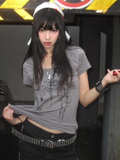 Cathy Dollette Hotsweet Grey Print Graphic T Shirts 2000s Clothes  Short Sleeve Summer Top's  Tees Female Clothing