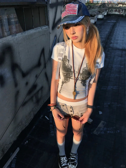 Cathy Dollette Korean Style Print T Shirt  Short Sleeve Slim  Vintage Tee Top 2000s Japanese Grunge TopE-girls