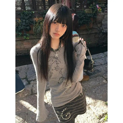 Cathy Dollette Japanese 2000s   Flare Sleeve Print Graphic TopWarm  Vintage Tee TopKorean Style Tshirts Streetwear