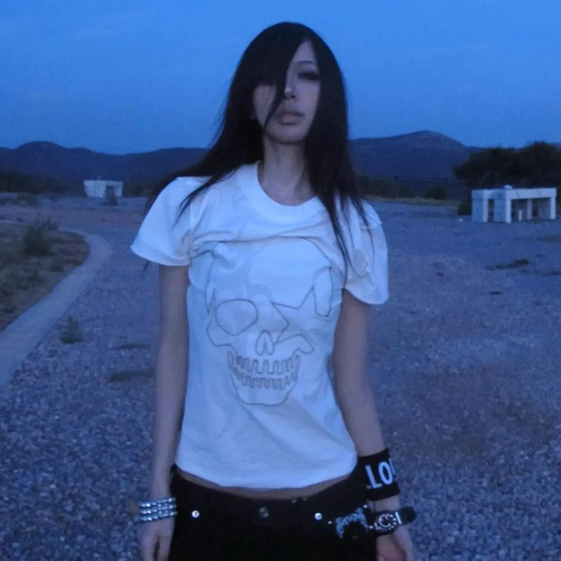 Cathy Dollette Grunge s Skull Print  Trashy 2000s Style Short Sleeve Tee Shirt Japanese  Streetwear Gothic Vintage