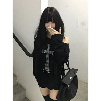 Cathy Dollette Cross One-shoulder Graphic Hoodies Long Sleeve Black 's Sweatshirts Harajuku Grunge 2000s Clothes  Autumn Tops