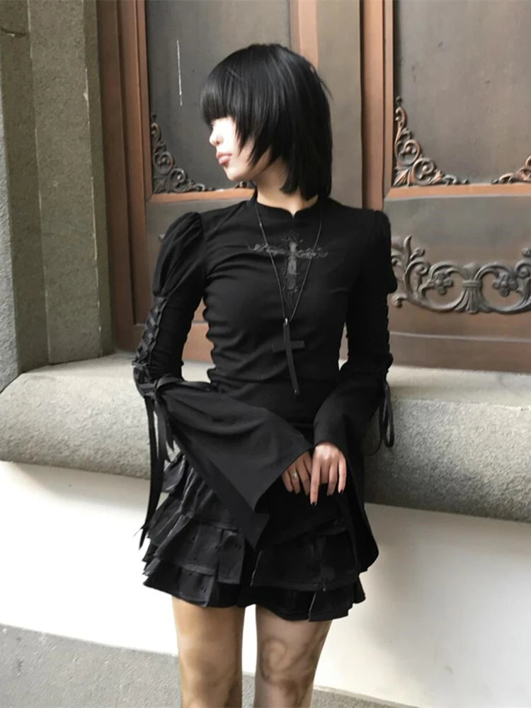 Cathy Dollette Black Gothic Hollow Out Cross T Shirt  Long Sleeve Streetwear Slim Flare Sleeve Spring Top2000s Clothes  Tees