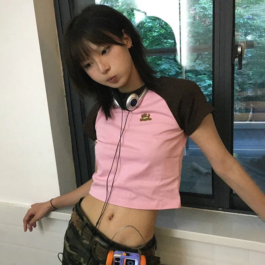Cathy Dollette Japanese  Patchwork  Vintage 2000s Style Crop Top Harajuku s Short Sleeve Tee Shirt American Retro