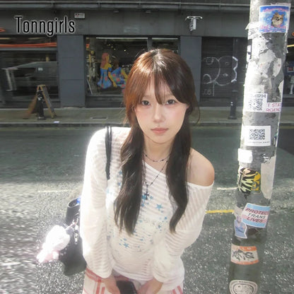 Cathy Dollette Harajuku Print Star   Long Sleeve Loose Casual Shirts See Throught  Japanese Fairycore Tshits Grunge