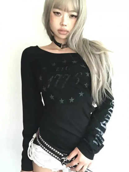 Cathy Dollette Black Graphic T Shirts Woman Clothes Long Sleeve Korean Fashion 2000s Clothes  Tees Female Clothing Sping TopGoth