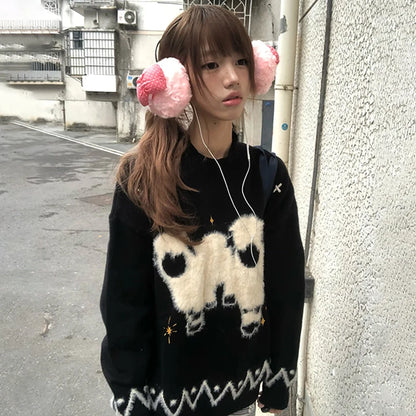 Cathy Dollette Japanese  Lambs Jacquard Sweater Vintage Harajuku Black Knitted Pullover Korean 2000s Style Knitwear American Retro