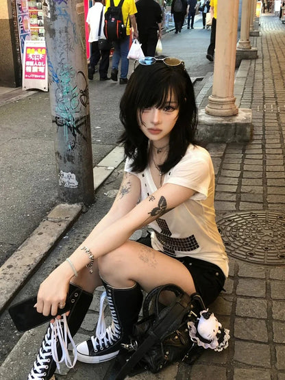 Cathy Dollette  Japanese T Shirt  Short Sleeve Sequined Cross Tee TopAmerican Retro Vintage TopE-girls Streetwear Tshirts