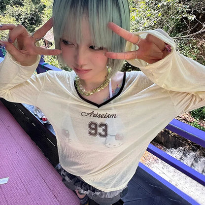 Cathy Dollette Japanese  Sheer TopVintage 2000s Style See Through  Harajuku s Letter Print V-neck Top American 90s