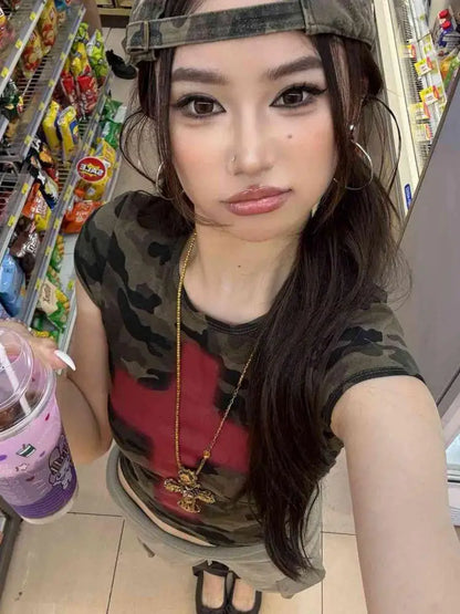 Cathy Dollette Camouflage Cross Graphic T Shirts Woman Clothing Short Sleeve Slim Korean Fashion 2000s Clothes  Print Summer Tops