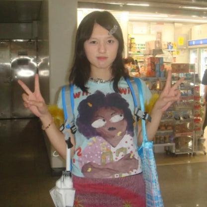 Cathy Dollette Japanese  Graffiti Print  Trashy 2000s Style Crop Top Vintage Harajuku Removable Fur Sleeve Tee Shirt American