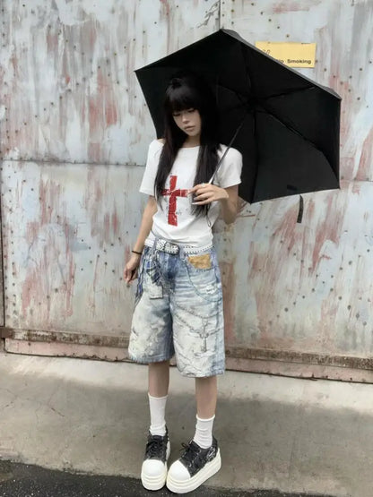 Cathy Dollette Off Shoulder Cross Print 's  2000s Clothes  Short Sleeve Japan Style Graphic Tee Female Clothing Summer