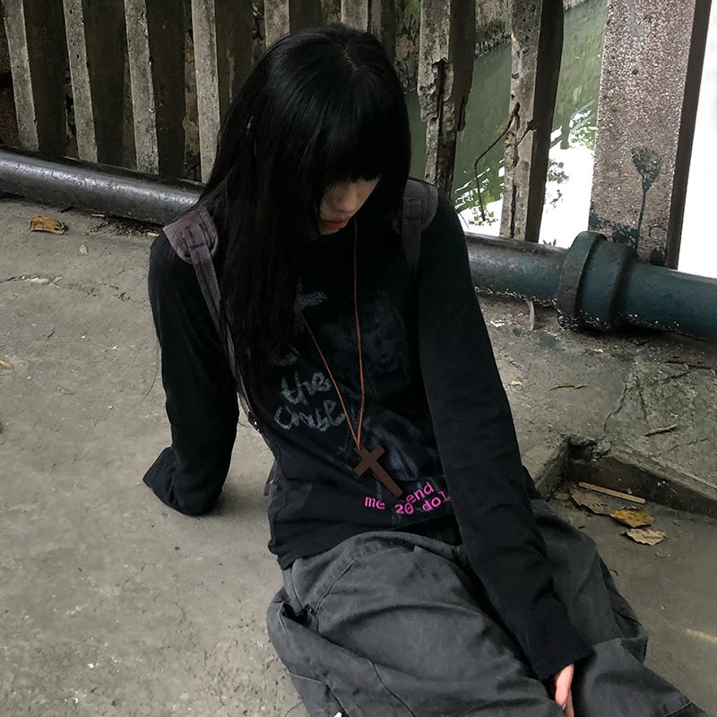 Cathy Dollette Japanese  Anime Print  Vintage Harajuku Long Sleeve Tee Shirt 2000s s Streetwear American Retro 90s