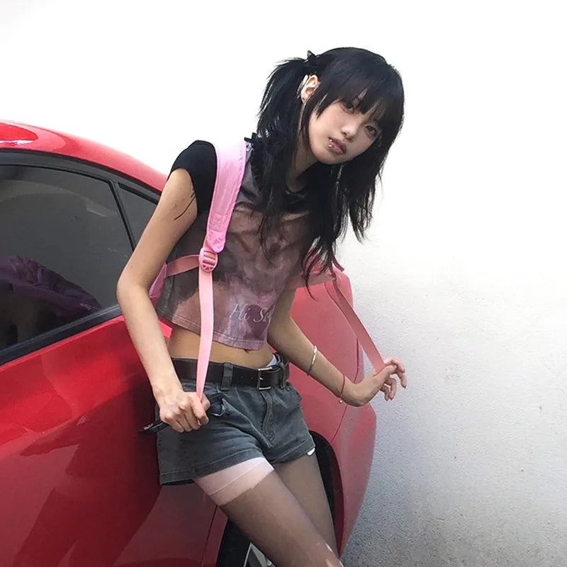 Cathy Dollette Japanese  Crop Top 2000s s Bear Print Short Sleeve  Vintage Harajuku Lace Patchwork Tee Shirt Lolita
