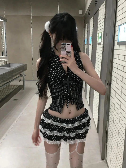 Cathy Dollette  Fairycore Two Pieces Suits Patchwork Lace Up Tanks+ Mini A-line Skirt 2000s Japanese Skirt Suits  Sets