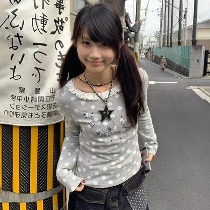 Cathy Dollette Japanese  Lace Patchwork TopVintage Harajuku Cartoon Print  2000s Kawaii Long Sleeve Polka Dot T Shirt Cute