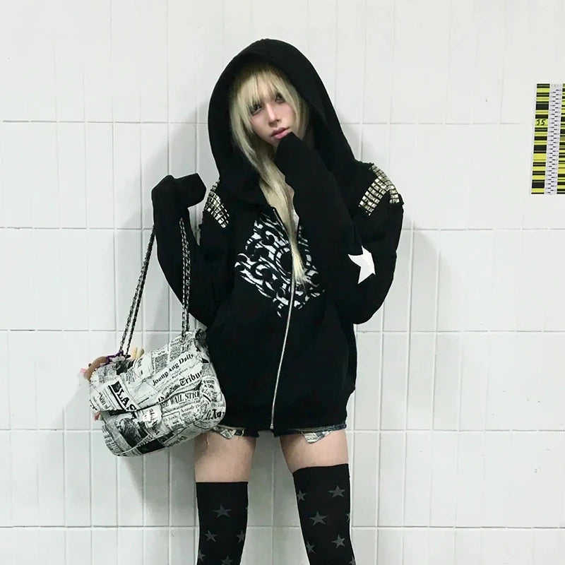 Cathy Dollette Grunge s Tattoo Print Jacket Trashy 2000s Style Hooded Outerwears Japanese  Rivet Coat Gothic American Retro