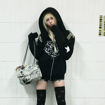 Cathy Dollette Grunge s Tattoo Print Jacket Trashy 2000s Style Hooded Outerwears Japanese  Rivet Coat Gothic American Retro
