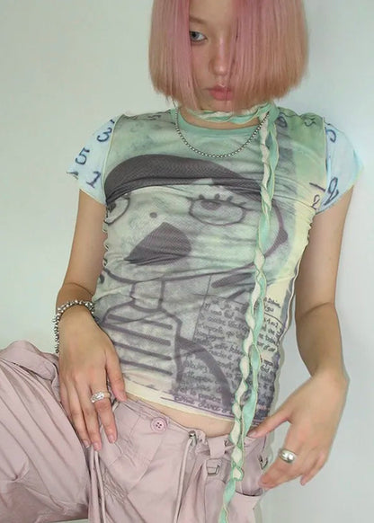 Cathy Dollette Grunge s Mesh Top Cyber Graphic  Harajuku Fairycore Bandage Crop Top 2000s E-girls Sheer TopChic