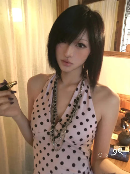 Cathy Dollette  Fairycore Tank Top Polka Dot Lace Up Camis Japanese 2000s Sleeveless Tee TopV-neck Streetwear Crop Tops