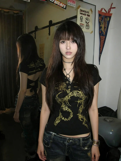 Cathy Dollette Gothic Vintage T Shirt  Turn Down Collar Crop TopBackless Lace Up  Print Tshirt  Japanese 2000s Graphic Tops