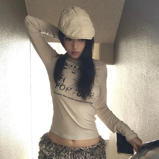 Cathy Dollette Japanese  Letter Print  Trashy 2000s Style Long Sleeve Crop Top Vintage Harajuku Grunge T Shirt American Retro