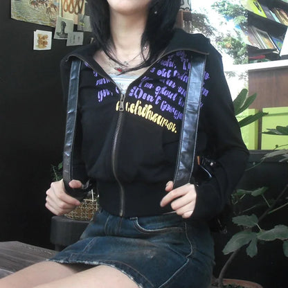 Cathy Dollette Japanese  Cropped Jacket Vintage Harajuku Short Coat American Retro Letter Print Zipper Sweatshirt Grunge Outerwear