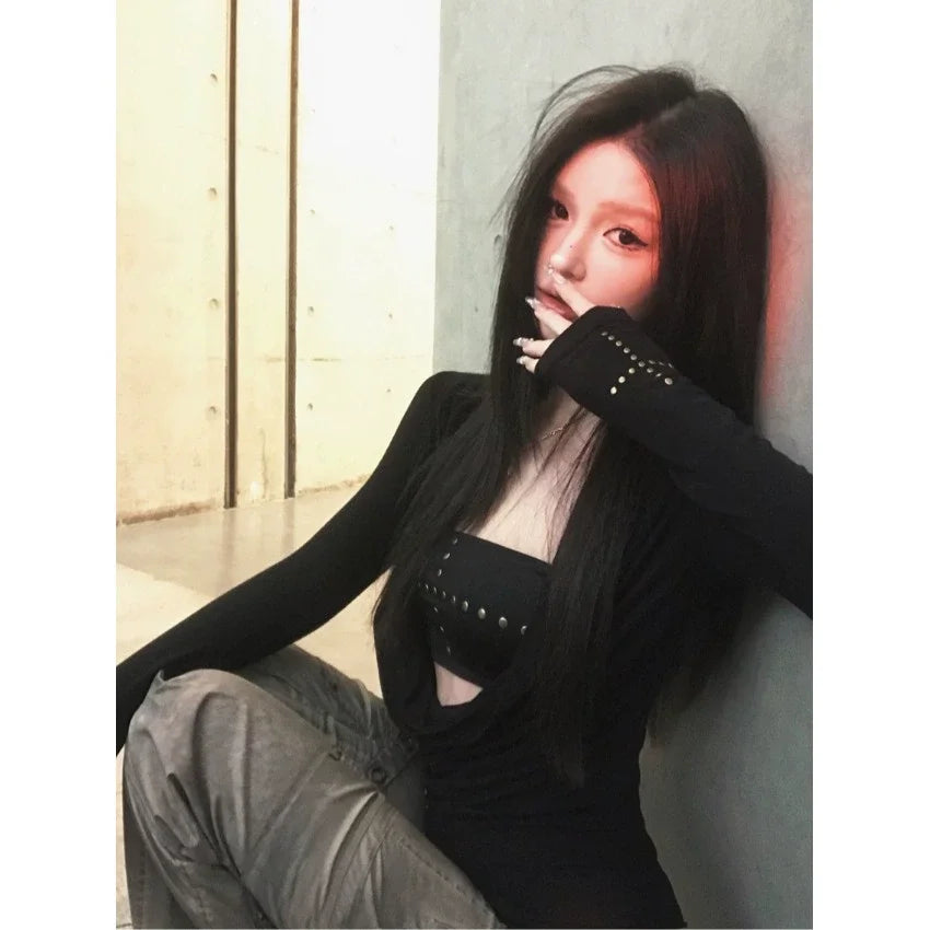 Cathy Dollette  Punk Two Pieces TopIrreugal Rivet Top+ Sleeveless Tank Streetwear Americal Retro 90s Black Tee TopE-girls