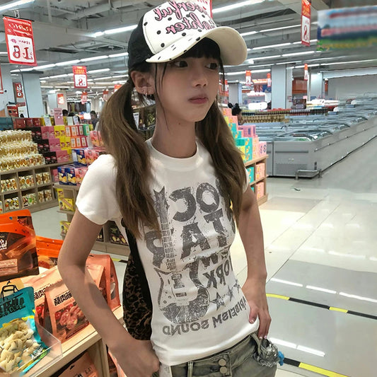 Cathy Dollette Japanese  Letter Print  2000s Style Short Sleeve Crop Top Vintage Harajuku Ribbed Tee Shirt American Retro 90s
