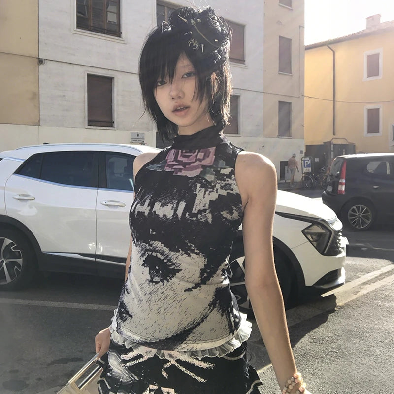 Cathy Dollette Japanese  Anime Print Tank Top 2000s Style Lace Patchwork Sleeveless Top Vintage Harajuku Mesh Tanktop American Retro