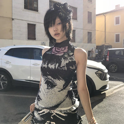 Cathy Dollette Japanese  Anime Print Tank Top 2000s Style Lace Patchwork Sleeveless Top Vintage Harajuku Mesh Tanktop American Retro
