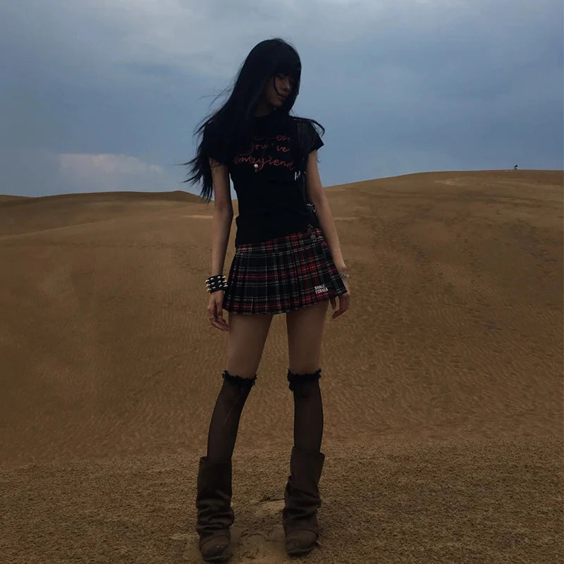 Cathy Dollette  Japanese T Shirt  Print Letter Crop TopBlack American Retro 90s Tee Top Grunge TopSummer