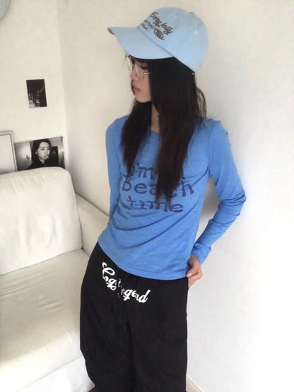 Cathy Dollette Harajuku Print Letter   Long Sleeve Blue Tee Top Grunge Top2000s Japanese Streetwear Tshirt