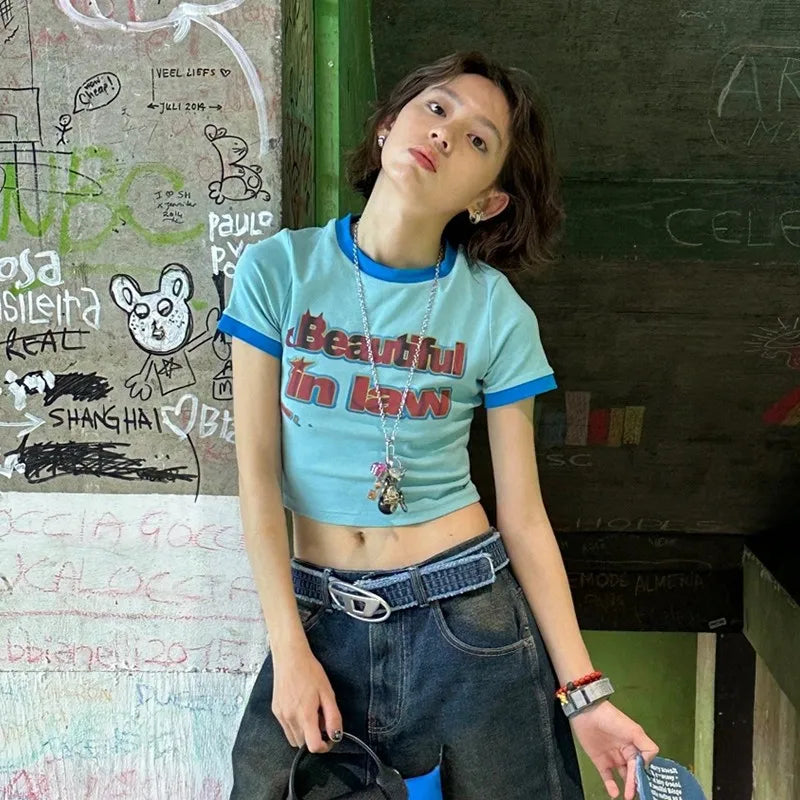 Cathy Dollette Japanese  Letter Print  Vintage Harajuku Patchwork Crop Top 2000s Style Short Sleeve Tee Shirt American Retro