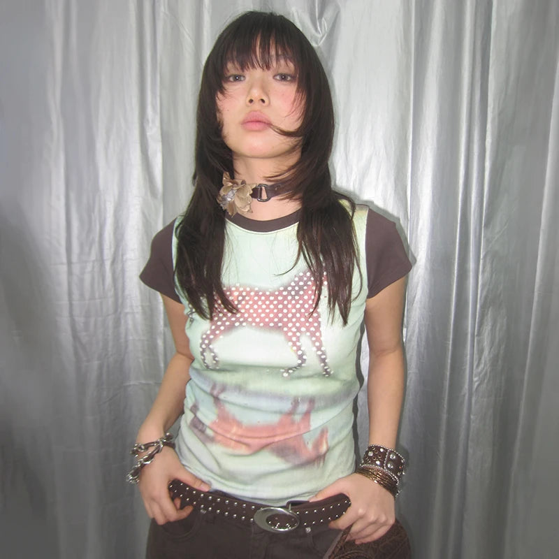Cathy Dollette  Horse Short Sleeve Patchwork Top