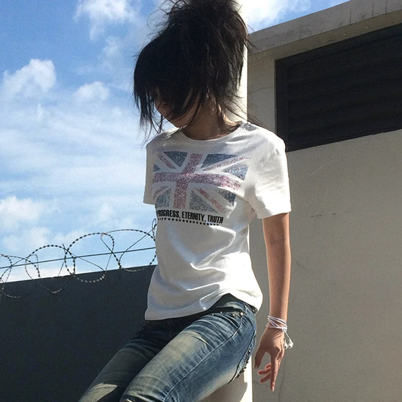 Cathy Dollette British Print T-shirt Grunge Short Sleeve Diamond Tshirt