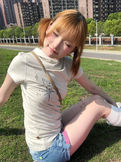 Cathy Dollette Korean Style   Slim Print Graphic Top  Japanese Grunge Top 2000s Tshirts E-girls