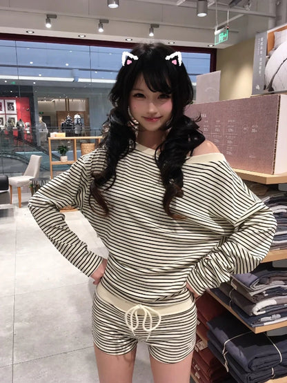 Cathy Dollette  Japanese Two Pieces Suits Off Shoulder Tshirts + Mini Shorts Streetwear Vintage Striped  Sets Outfits Korean