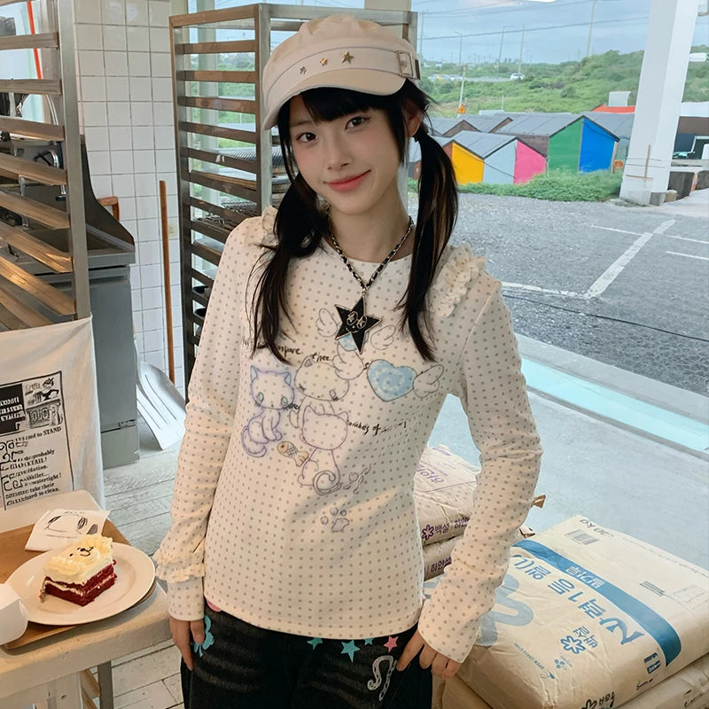 Cathy Dollette Japanese  Anime Print Knitted Top2000s s Long Sleeve  Cutecore Polka Dots Ribbed TopKawaii Cat