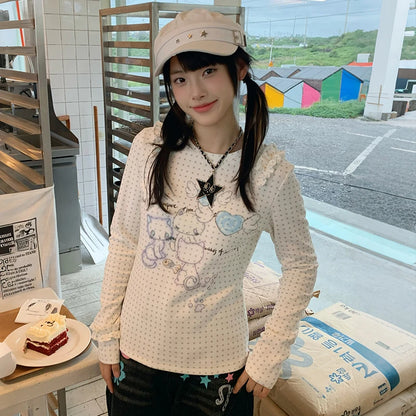 Cathy Dollette Japanese  Anime Print Knitted Top2000s s Long Sleeve  Cutecore Polka Dots Ribbed TopKawaii Cat