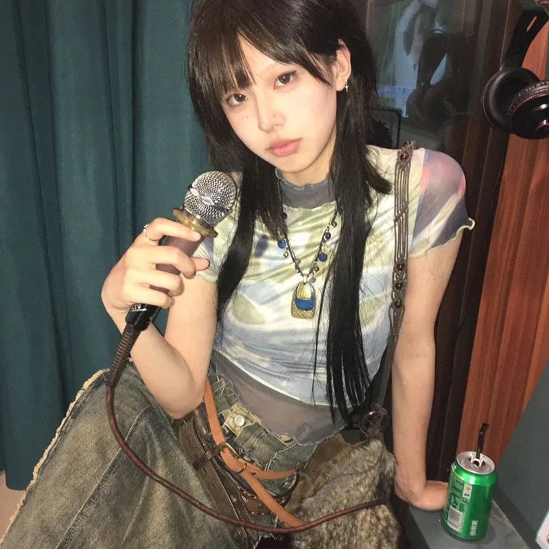 Cathy Dollette Trashy  Crop Top Japanese 2000s Style Mesh TopGrunge s Short Sleeve  Tie-dye Vintage Harajuku Tee