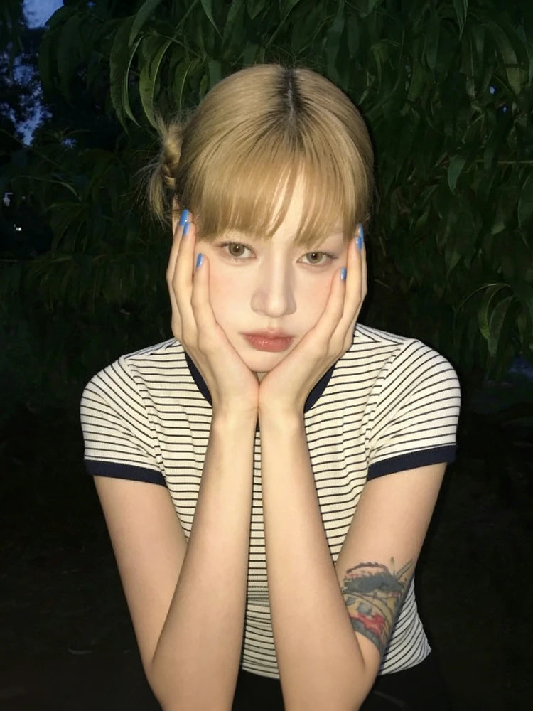 Cathy Dollette Short Sleeve Slim Striped T Shirt Streetwear Tee TopVintage American Retro Tshirts E-girls