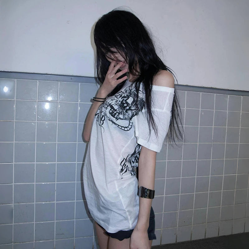 Cathy Dollette Japanese  Letter Print  Trashy 2000s Style Tattoo T Shirt Vintage Harajuku Short Sleeve Sheer TopGrunge Goth