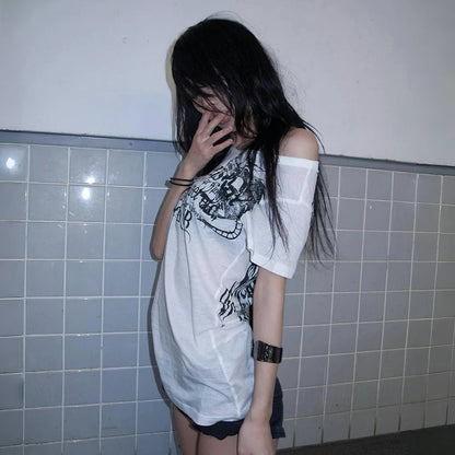 Cathy Dollette Japanese  Letter Print  Trashy 2000s Style Tattoo T Shirt Vintage Harajuku Short Sleeve Sheer TopGrunge Goth